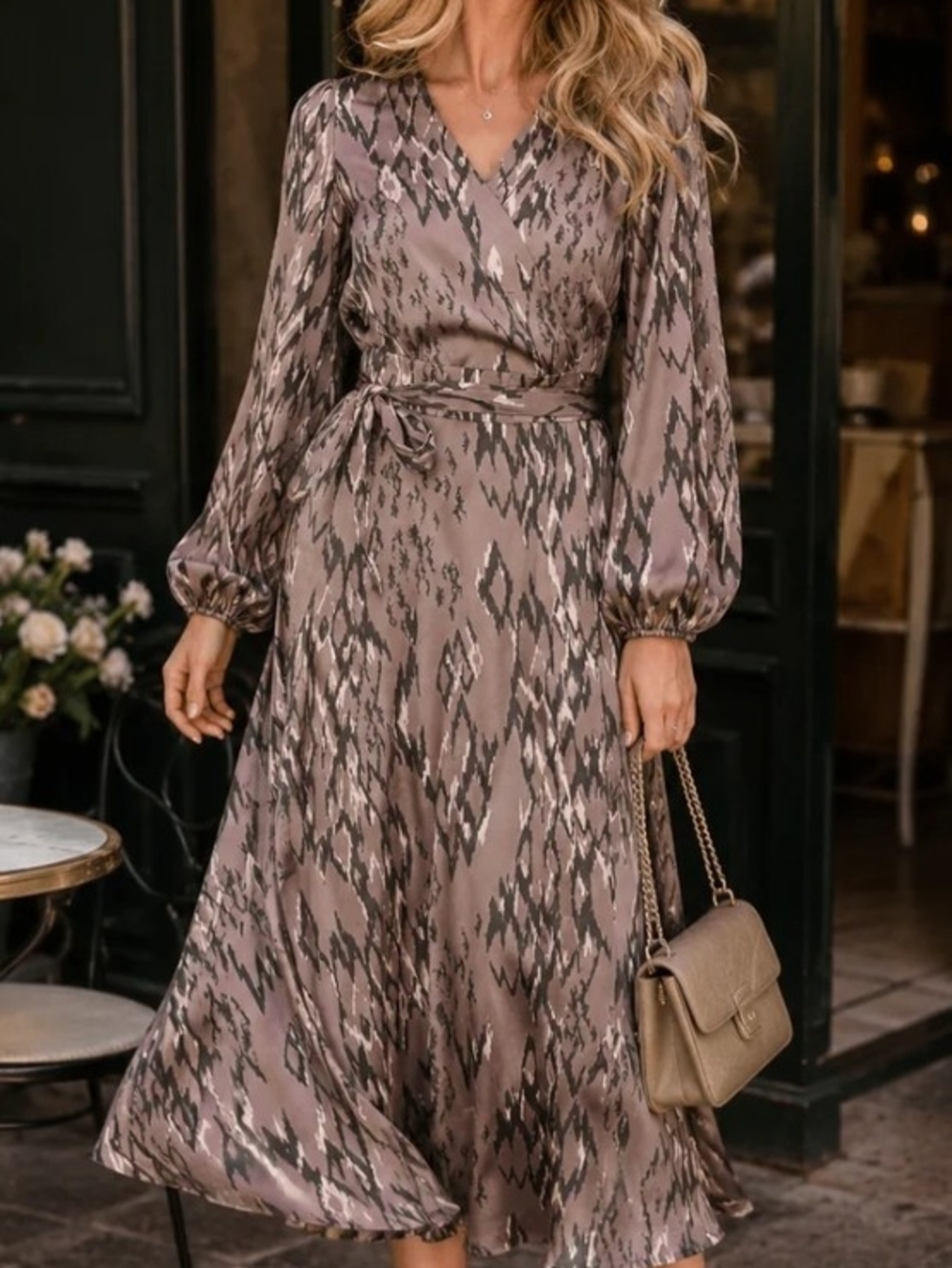 Taupe Patterned Long Sleeve Wrap Midi Dress